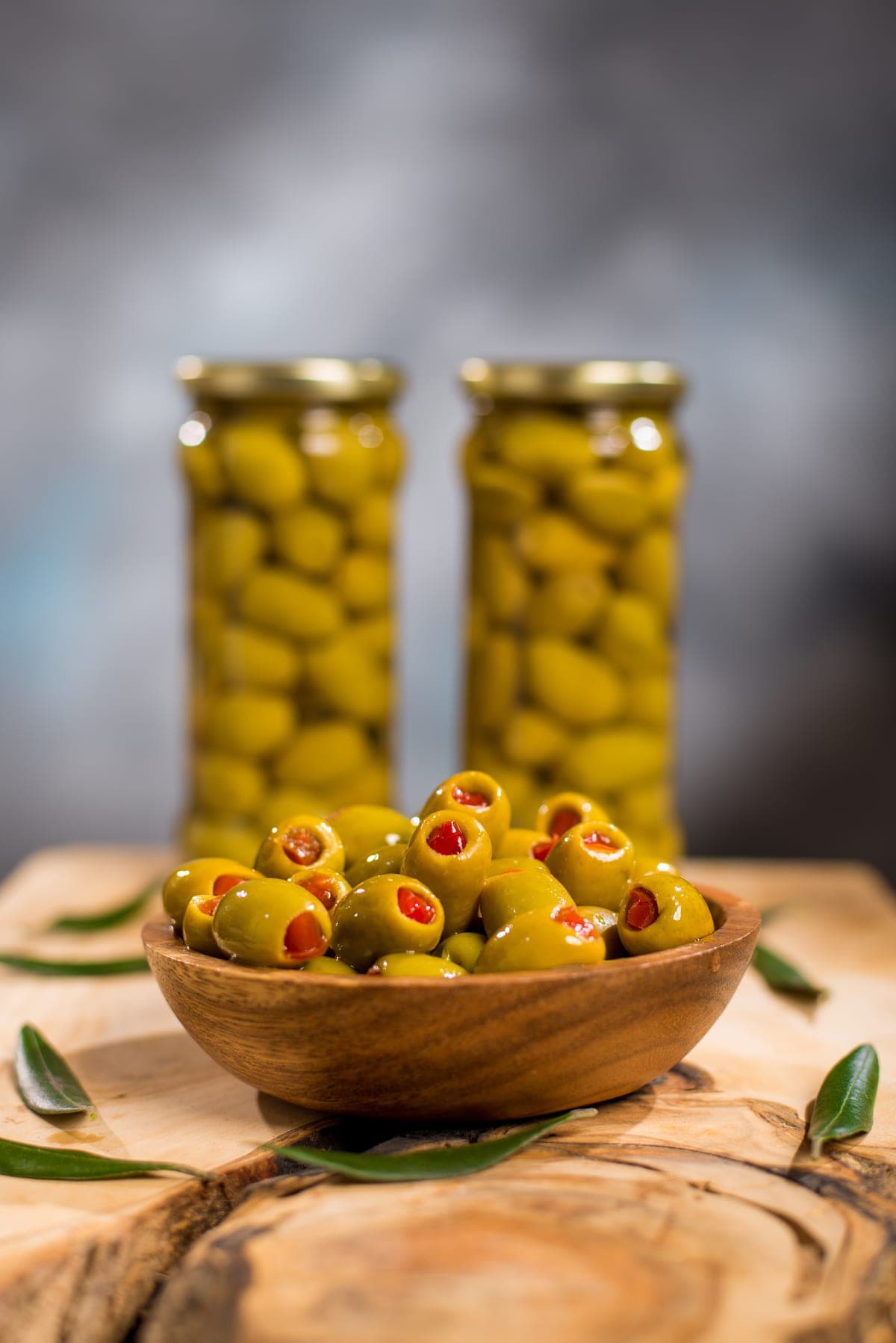 Jars of stuffed green olives