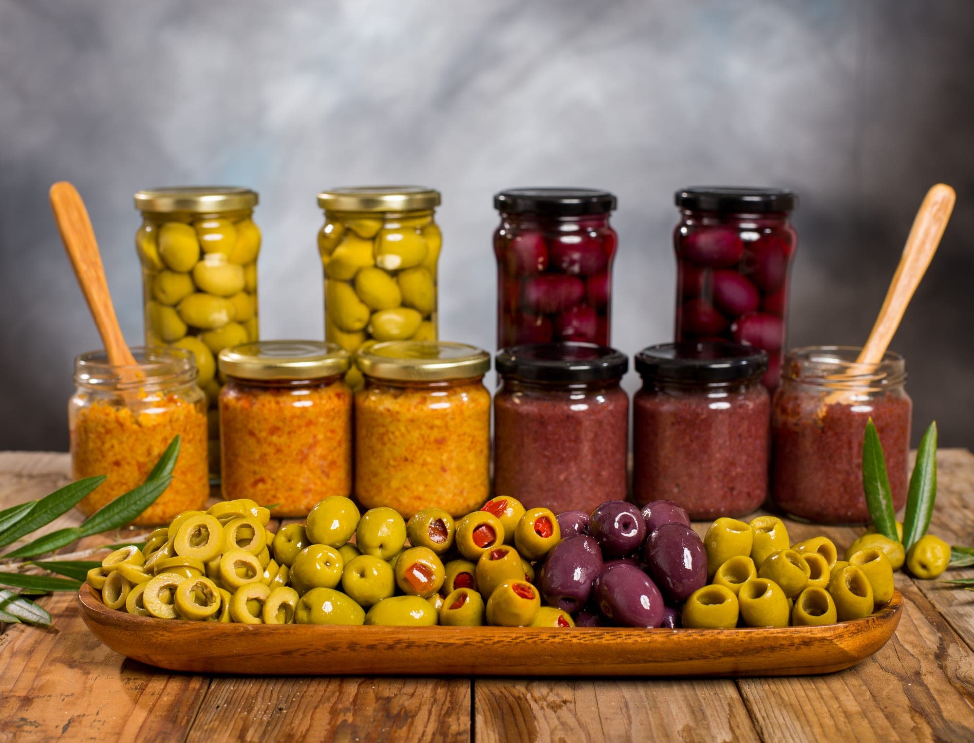 Full range of Guive products: packaged olives and pâtés